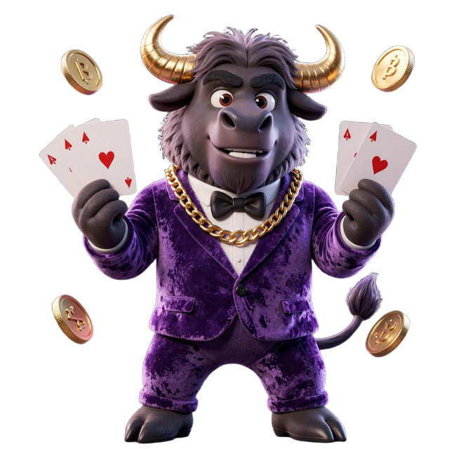 Bizzo Bison Maskottchen im violetten Smoking mit Spielkarten und Goldm&uuml;nzen