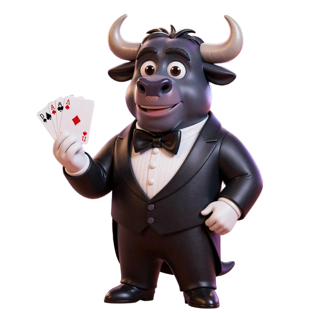 Bizzo Bison Croupier Maskottchen im Smoking mit Spielkarten im Live Casino